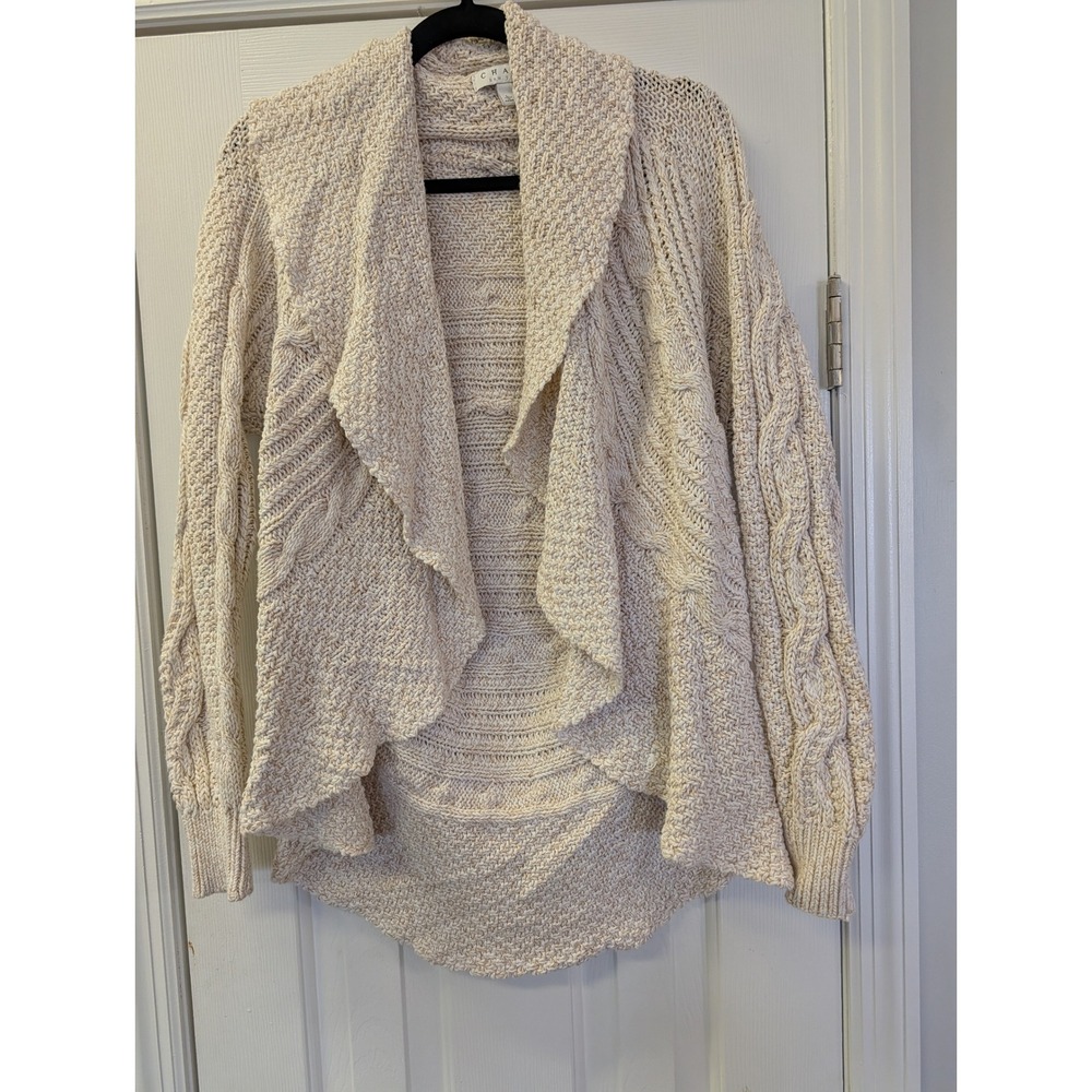 Chaus New York Womens Large Cream Cable Knit Draped Open Front Cardigan Sweater